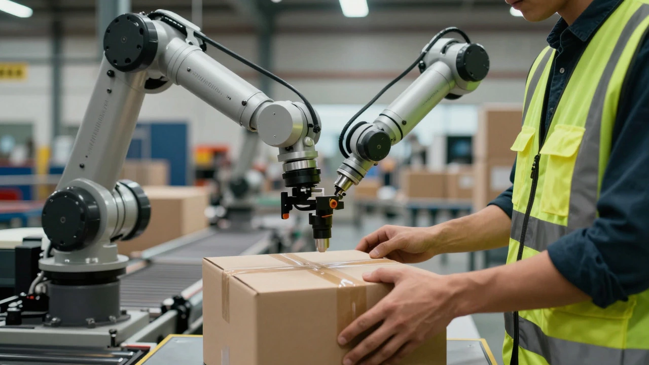 Worker packing items alongside robotic arms and fast-moving conveyor belts in a logistics hub