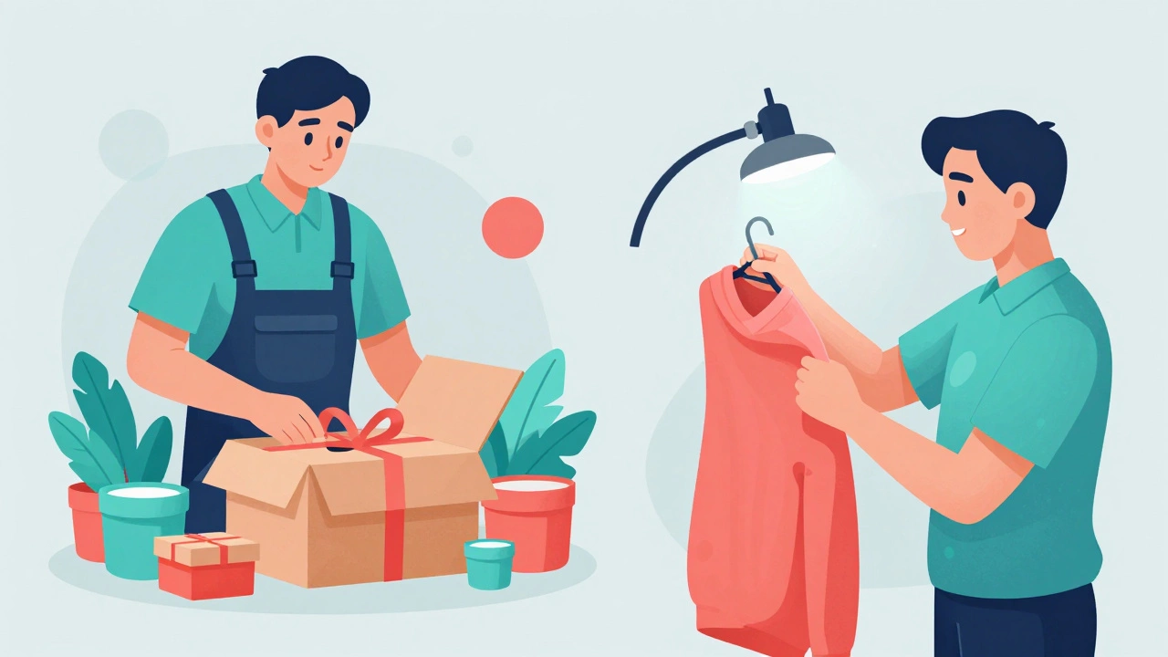 Workers performing kitting and inspecting returned items in a facility
