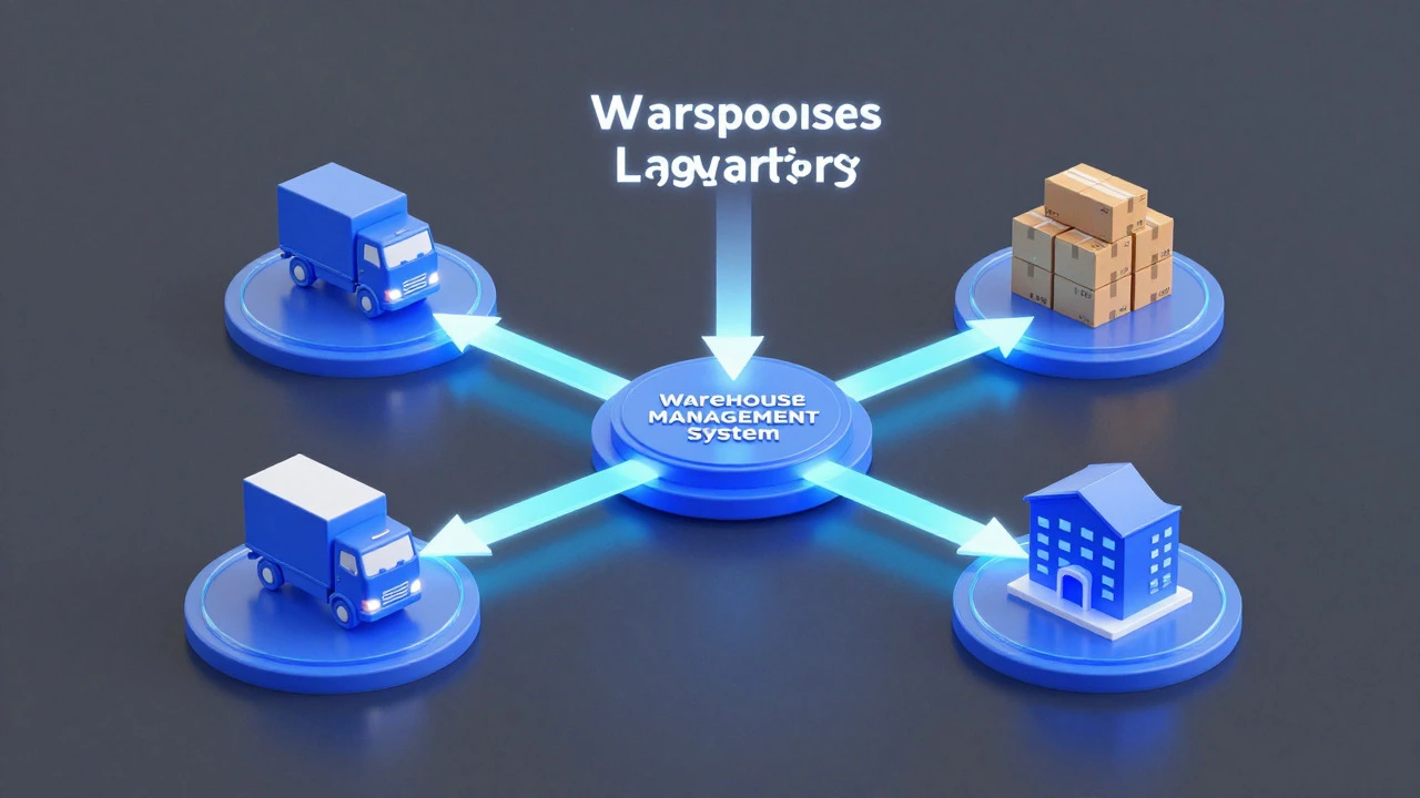Abstract diagram showing connections between warehouse, transport, and business systems