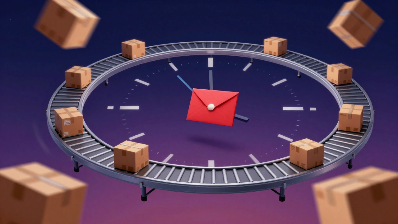 Artistic depiction of a clock made of conveyor belts and packages