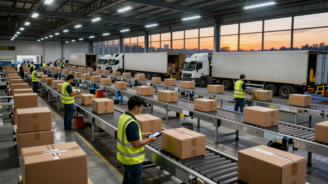 Busy logistics sorting facility with trucks and workers at dusk
