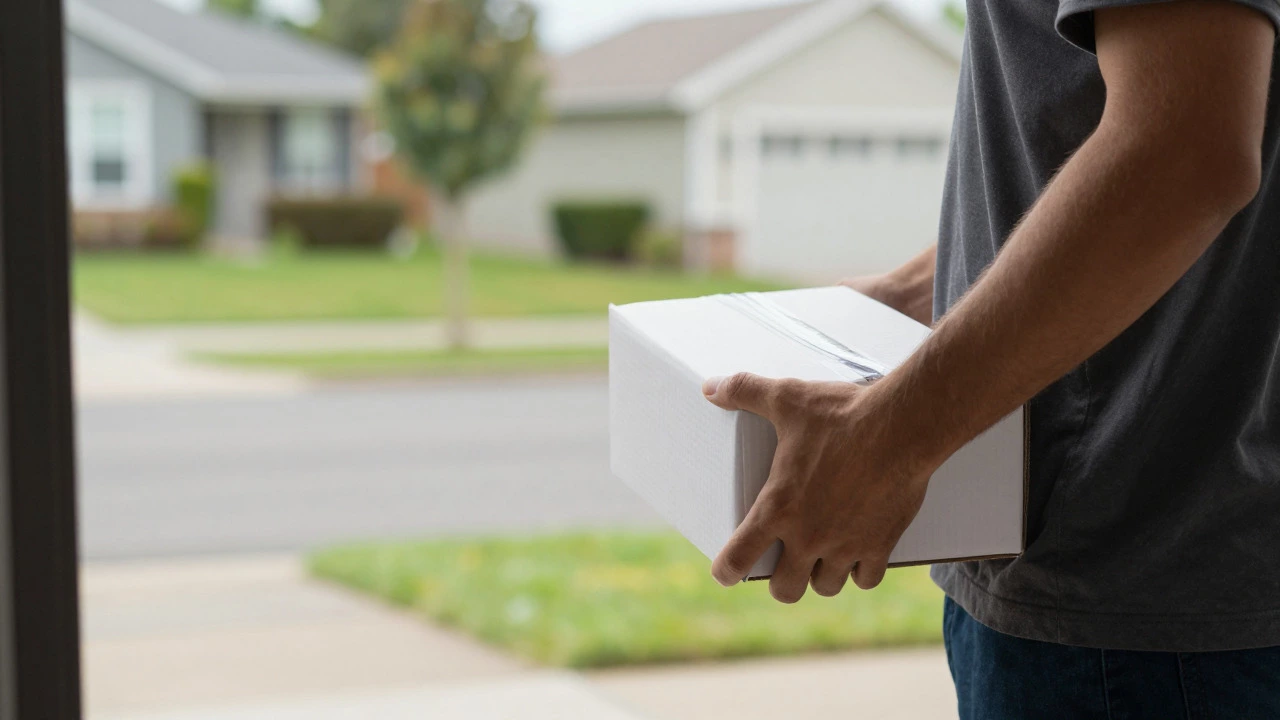 Close-up of a delivery driver holding a package at a residential door