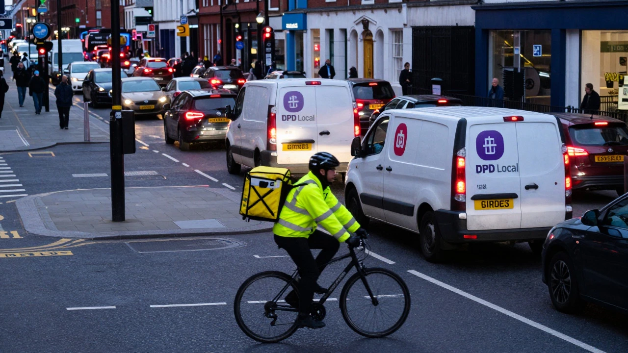 Cyclist courier navigating traffic alongside stuck delivery van