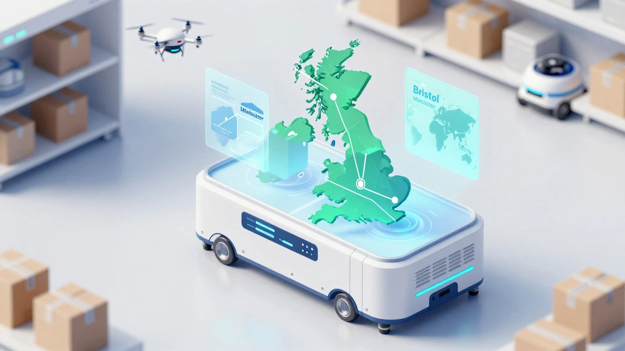 Futuristic micro-fulfillment center with AI routing holograms