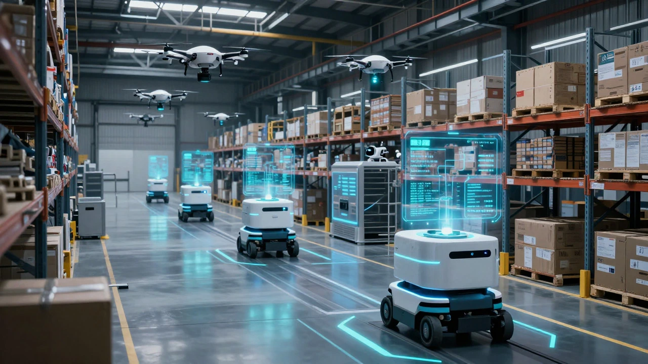 Futuristic smart warehouse with autonomous robots and drones under AI guidance