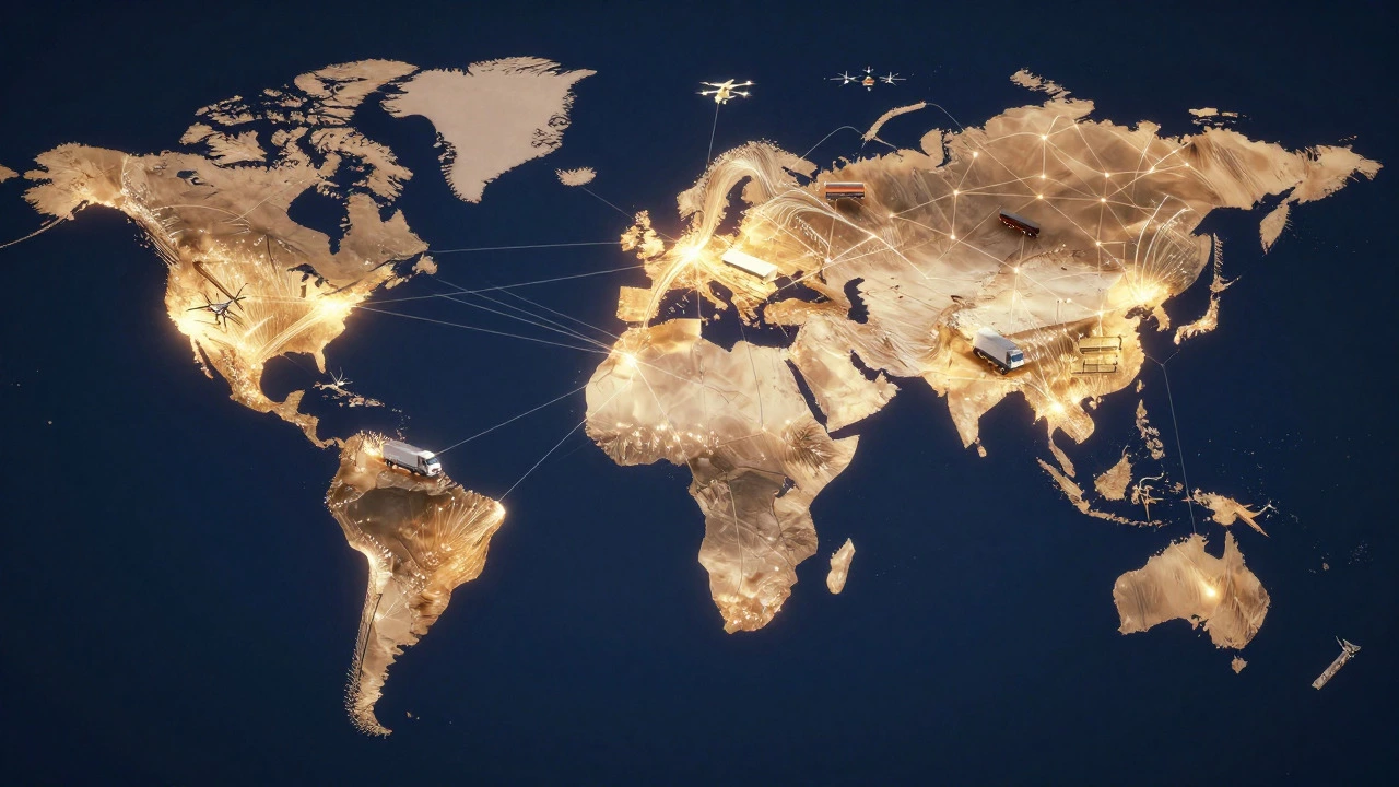 Glowing digital map showing global logistics connections from India