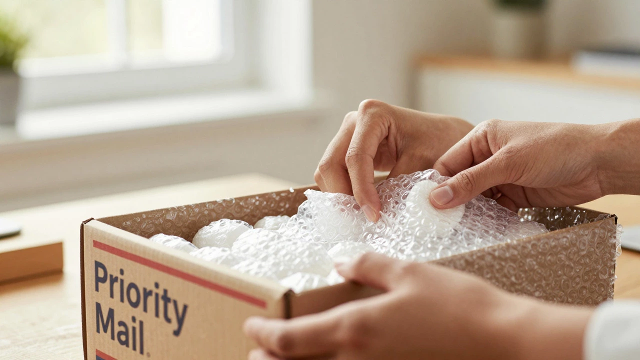 Hands packing a fragile item with bubble wrap inside a shipping box