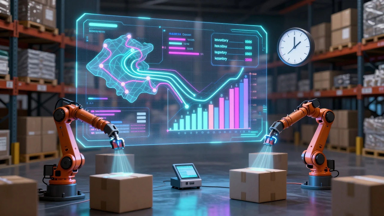 Holographic data overlay showing logistics routes and inventory over a warehouse