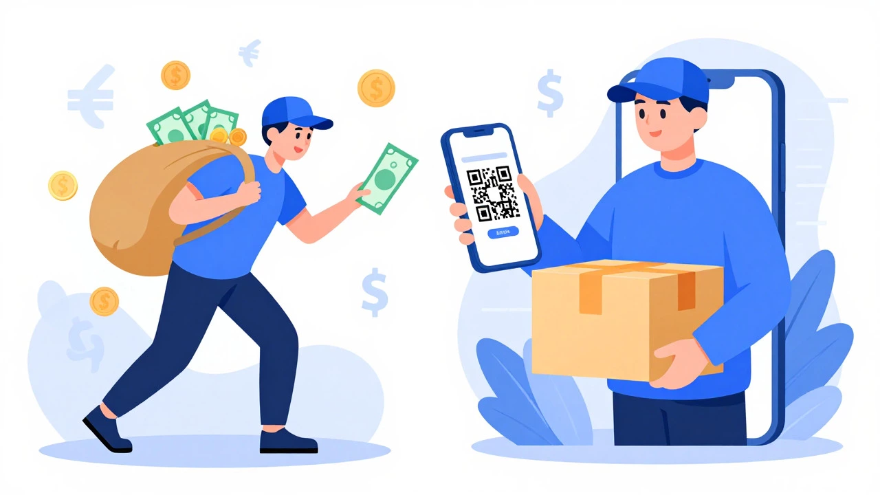 Illustration contrasting heavy cash bags with easy digital scanning for deliveries