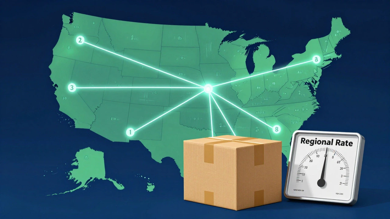 Illustration of US map with shipping zones and a regional rate box nearby