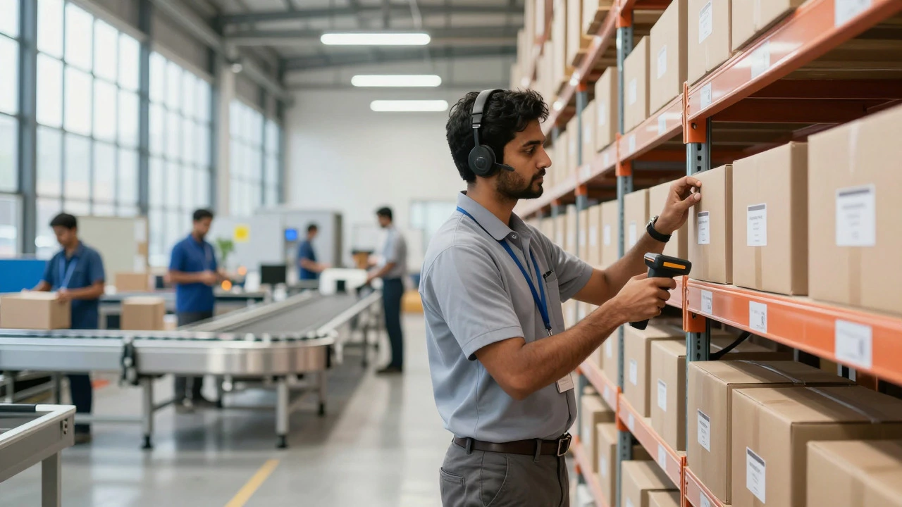 Warehouse worker scanning inventory with a handheld device in a modern facility
