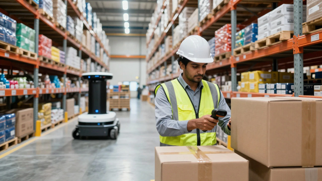 Warehouse worker scanning packages alongside an autonomous robot