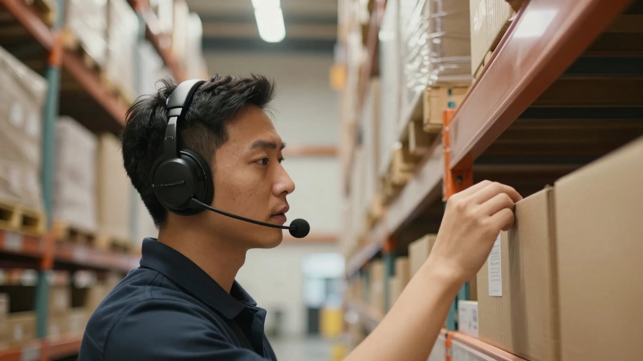 Warehouse worker using a voice headset to pick items from shelves