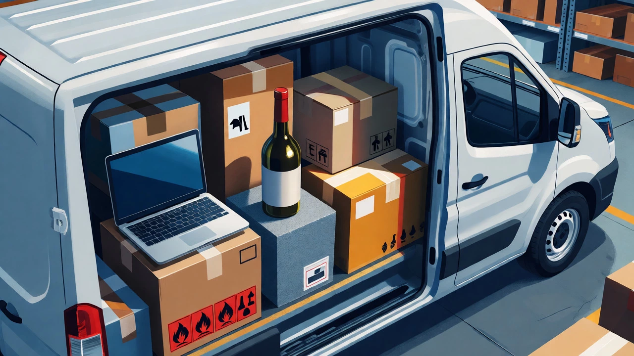 Cross-section of a courier van showing laptops, wine bottles, and hazmat-labeled parcels arranged safely.