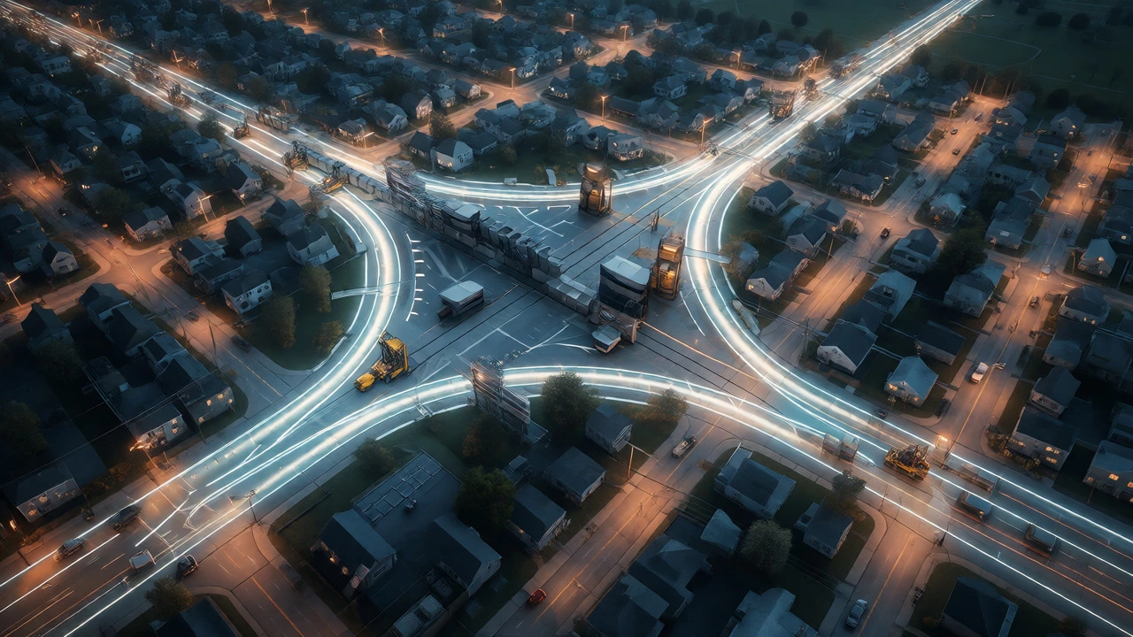 Digital art contrasting centralized courier hubs with widespread residential postal delivery routes.