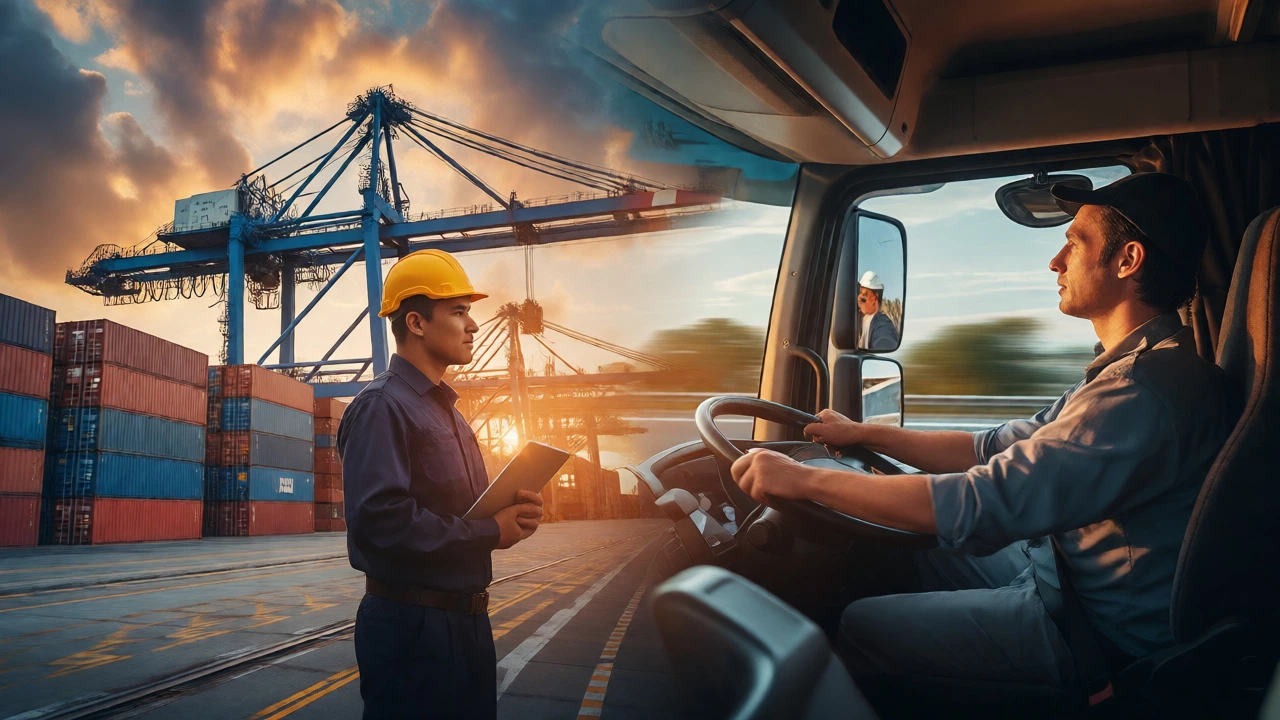 Freight forwarder at a port and truck driver on a highway representing global transport.