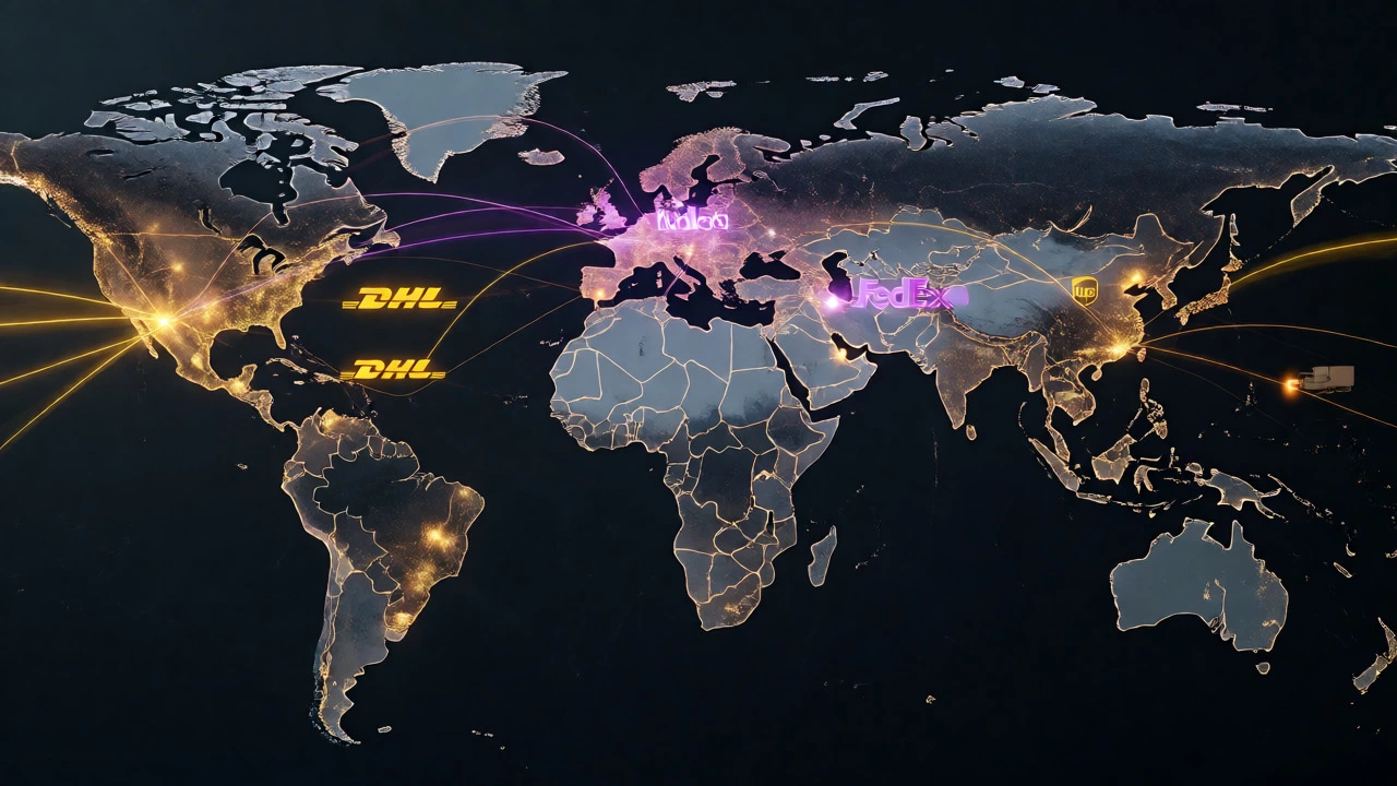 Global map showing international shipping carrier routes