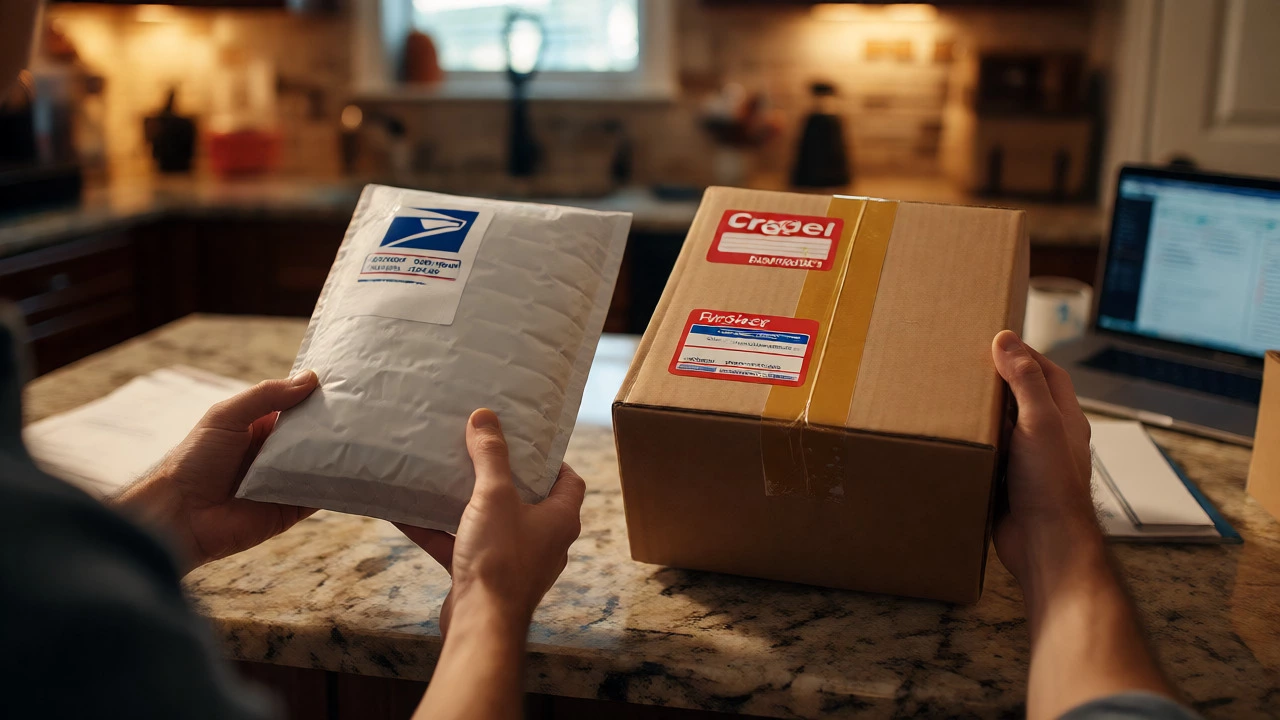 Hands holding a padded envelope and a parcel box at a kitchen counter, illustrating shipping choices.