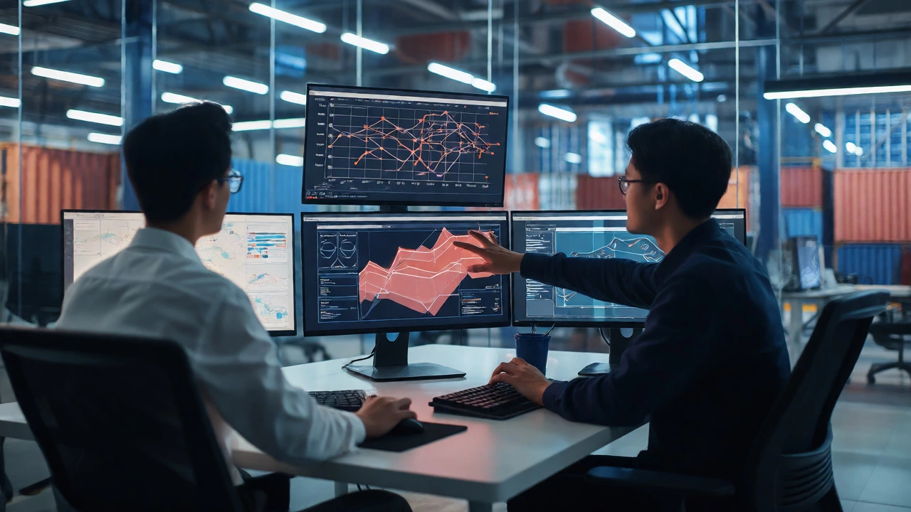 Logistics planners analyzing supply chain data on multiple computer screens in an office.