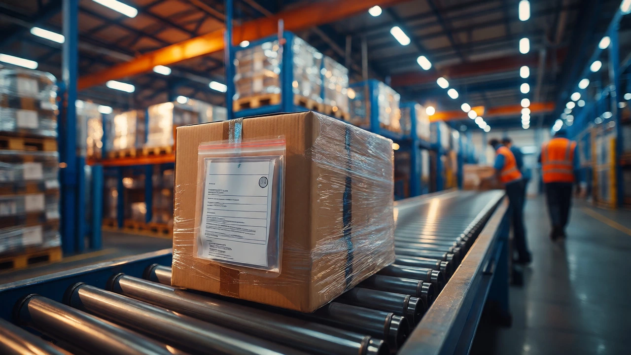 Sealed package with customs docs moving on a warehouse conveyor belt
