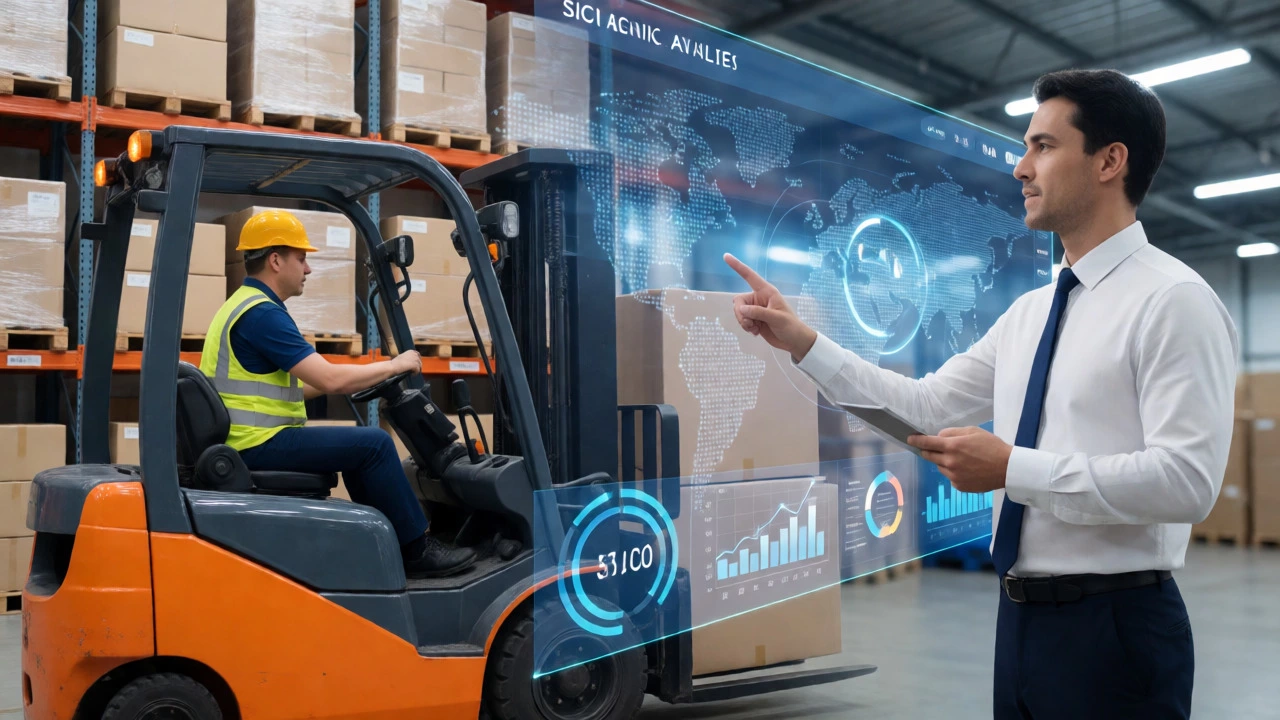 Split view of warehouse operations and strategic data analysis