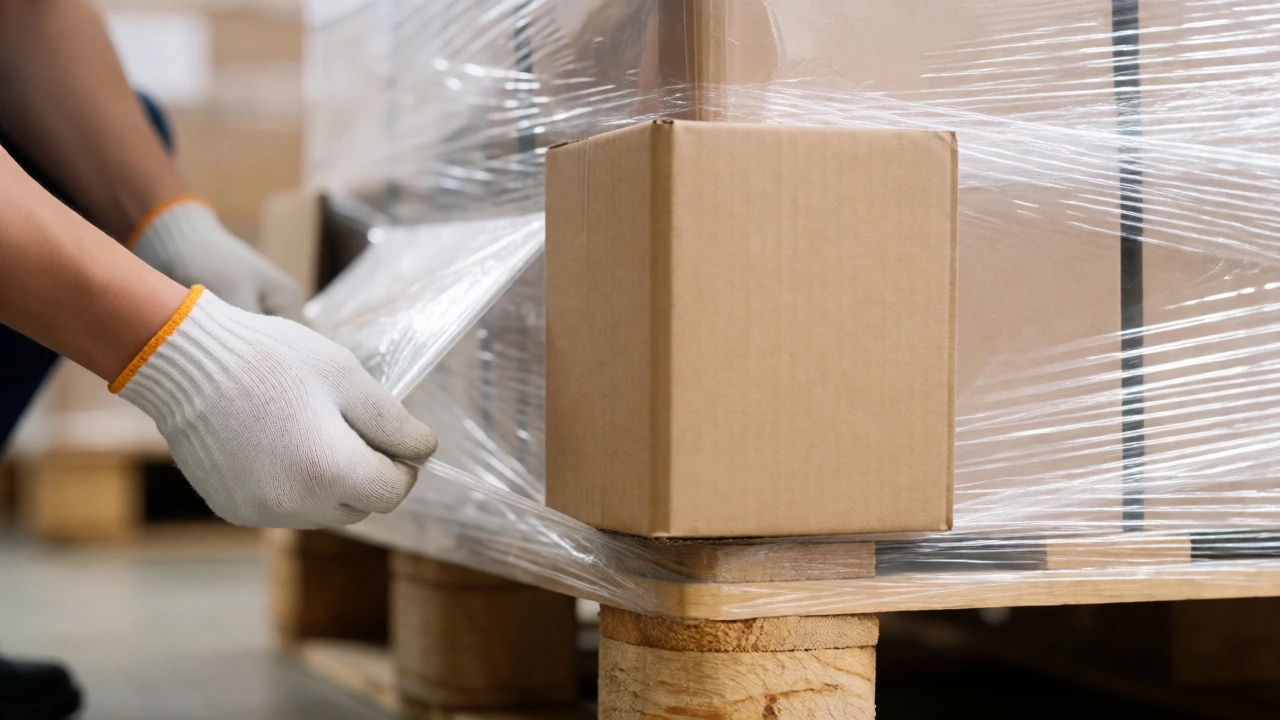 Worker applying stretch wrap and corner protectors to a pallet load