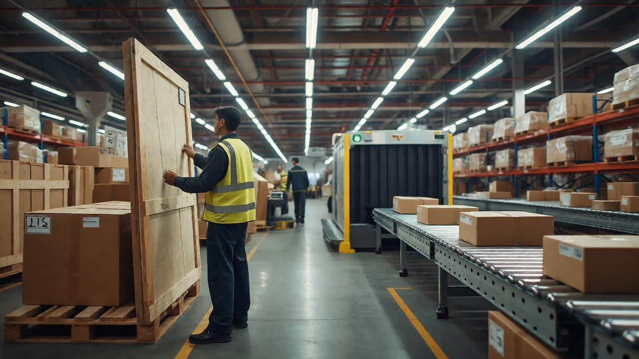 Worker inspecting an oversized mirrored crate in a busy logistics hub with X-ray scanners in the background.