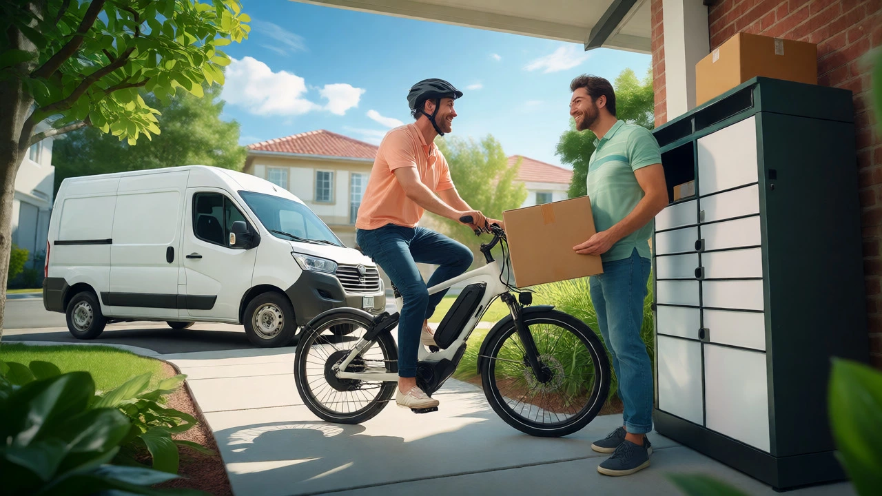 Delivery via cargo bike and parcel locker at a suburban home showing multiple carrier options.