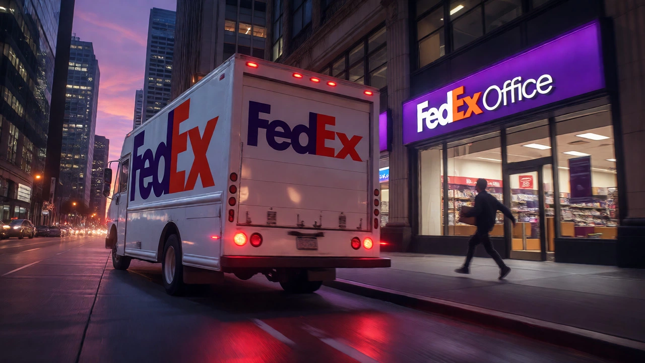 FedEx truck leaving as a customer rushes to a store at dusk.