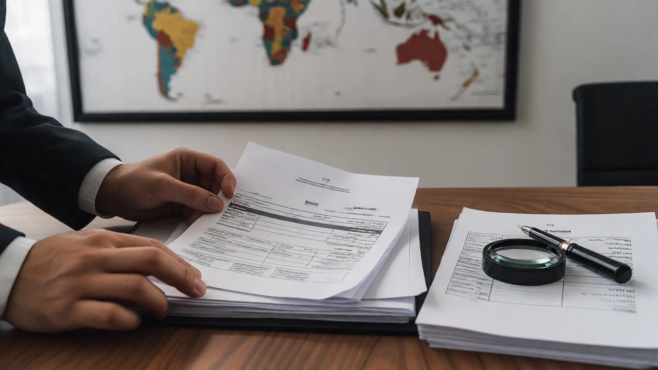 Hands organizing international shipping documents like bills of lading on a desk