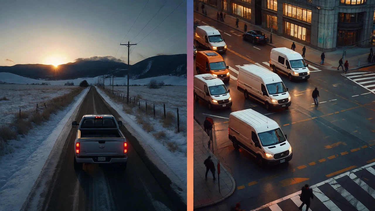 Split view comparing rural pickup trucks and urban delivery hubs.