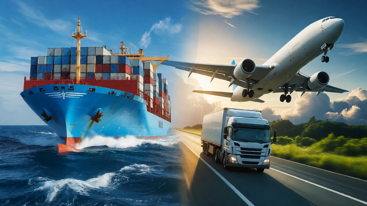 Split view showing cargo ship, airplane, and truck representing multimodal transport